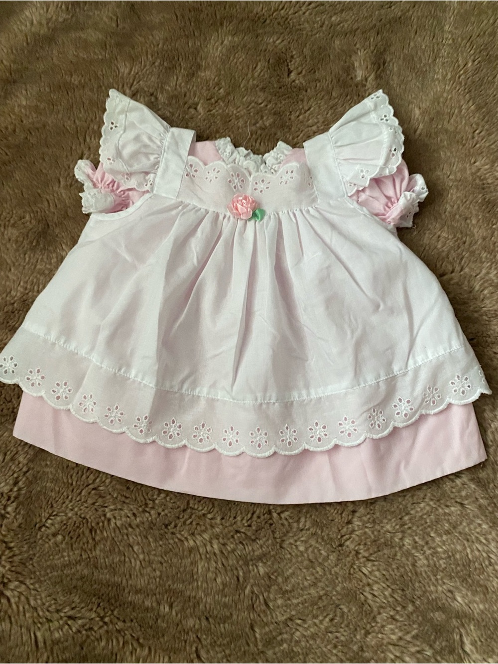 Vintage Pink & White Eyelet Baby Dress with Rose Accent - Classic Girls'